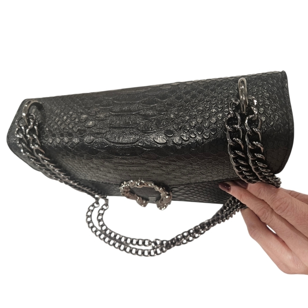 NEW Black Croc Embossed & Snake Detailed Closure With Gunmetal Hardware Bag - Picture 7 of 12